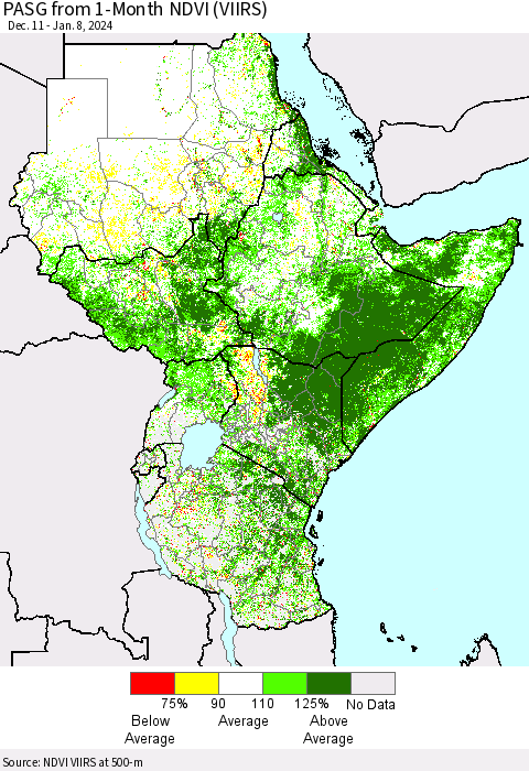 Eastern Africa PASG from 1-Month NDVI (VIIRS) Thematic Map For 1/1/2024 - 1/8/2024