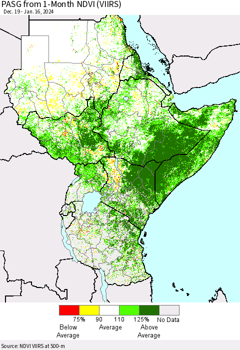 Eastern Africa PASG from 1-Month NDVI (VIIRS) Thematic Map For 1/9/2024 - 1/16/2024