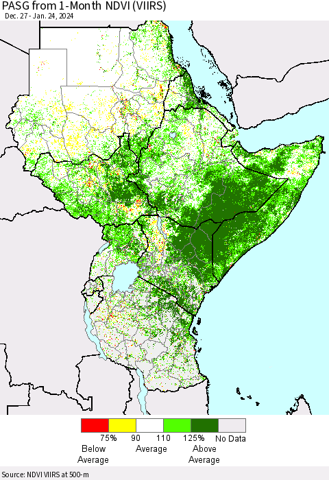 Eastern Africa PASG from 1-Month NDVI (VIIRS) Thematic Map For 1/17/2024 - 1/24/2024