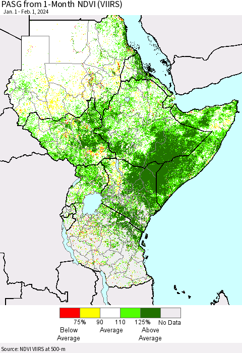 Eastern Africa PASG from 1-Month NDVI (VIIRS) Thematic Map For 1/25/2024 - 2/1/2024