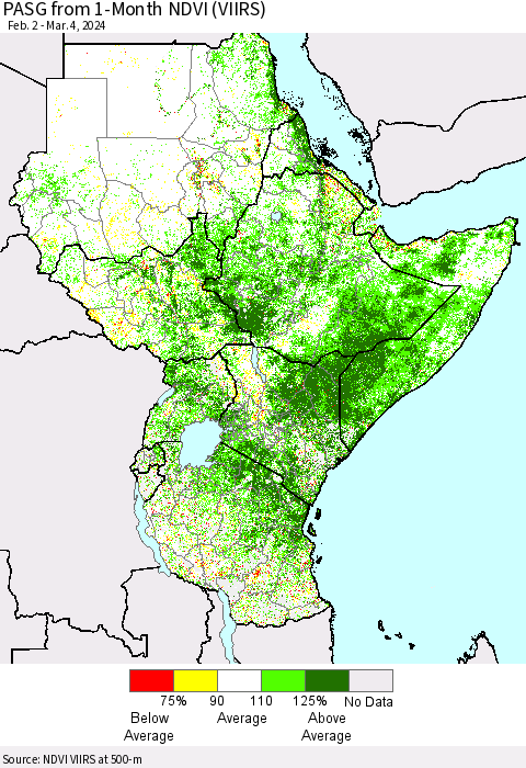 Eastern Africa PASG from 1-Month NDVI (VIIRS) Thematic Map For 2/26/2024 - 3/4/2024