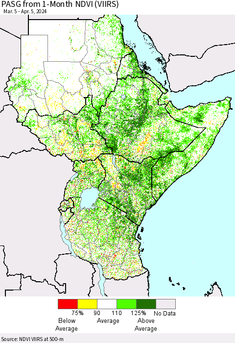 Eastern Africa PASG from 1-Month NDVI (VIIRS) Thematic Map For 3/29/2024 - 4/5/2024