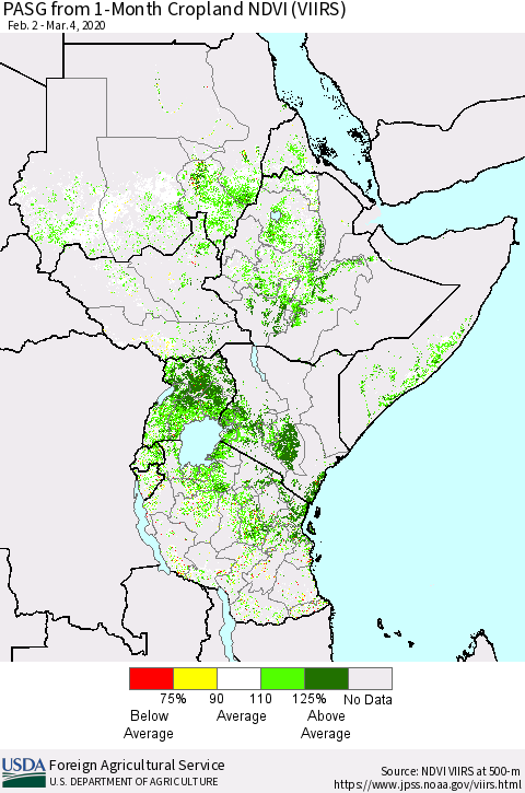 Eastern Africa PASG from 1-Month Cropland NDVI (VIIRS) Thematic Map For 3/1/2020 - 3/10/2020