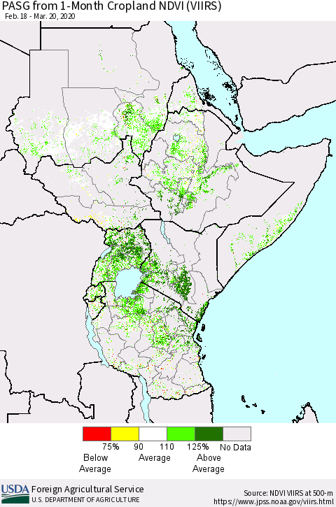 Eastern Africa PASG from 1-Month Cropland NDVI (VIIRS) Thematic Map For 3/11/2020 - 3/20/2020