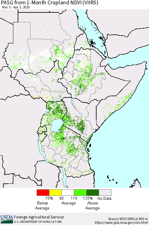Eastern Africa PASG from 1-Month Cropland NDVI (VIIRS) Thematic Map For 4/1/2020 - 4/10/2020