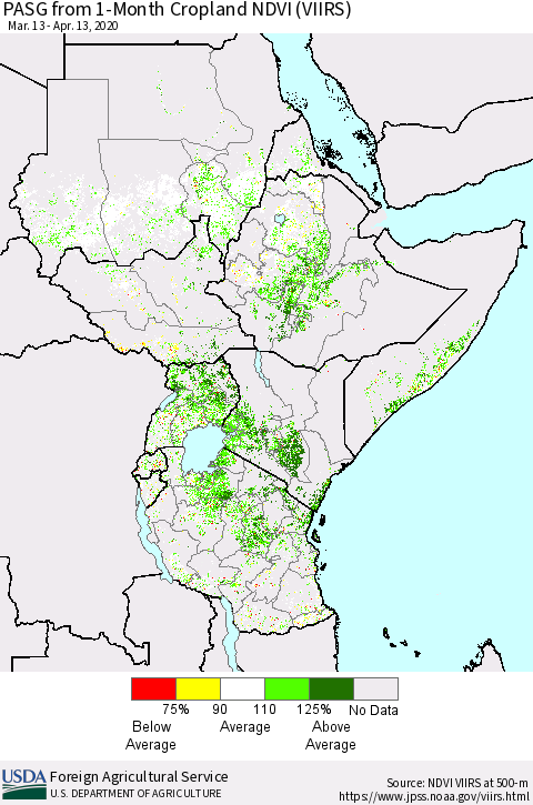 Eastern Africa PASG from 1-Month Cropland NDVI (VIIRS) Thematic Map For 4/11/2020 - 4/20/2020