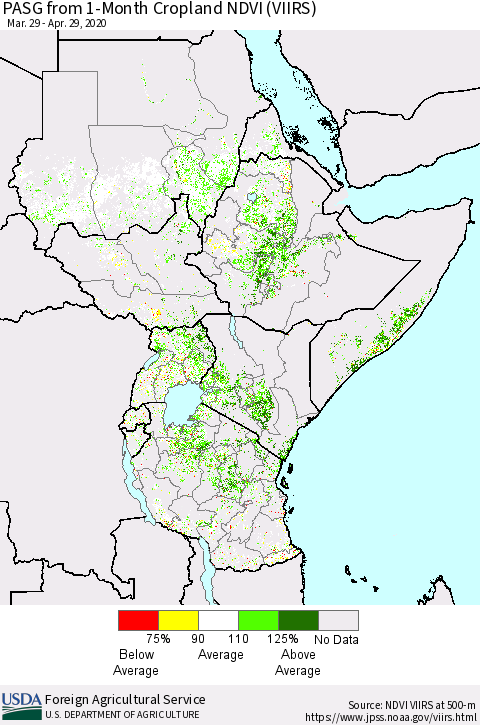 Eastern Africa PASG from 1-Month Cropland NDVI (VIIRS) Thematic Map For 4/21/2020 - 4/30/2020