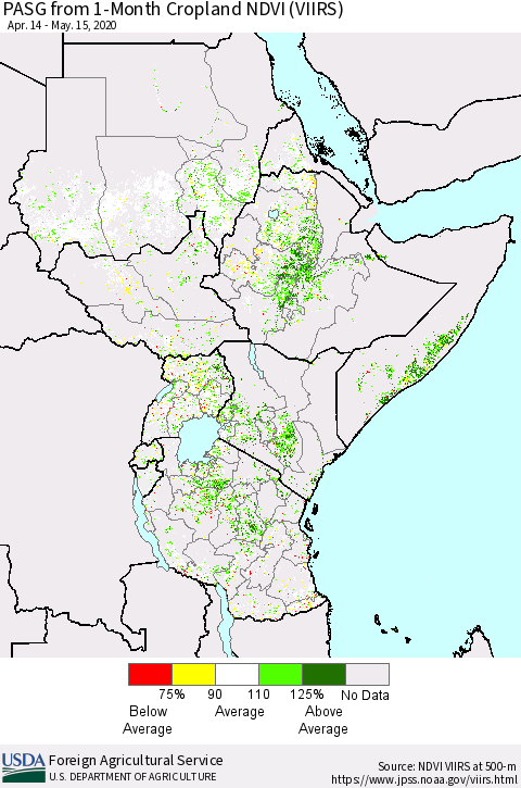 Eastern Africa PASG from 1-Month Cropland NDVI (VIIRS) Thematic Map For 5/11/2020 - 5/20/2020
