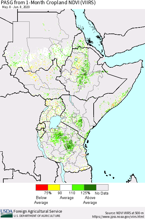 Eastern Africa PASG from 1-Month Cropland NDVI (VIIRS) Thematic Map For 6/1/2020 - 6/10/2020
