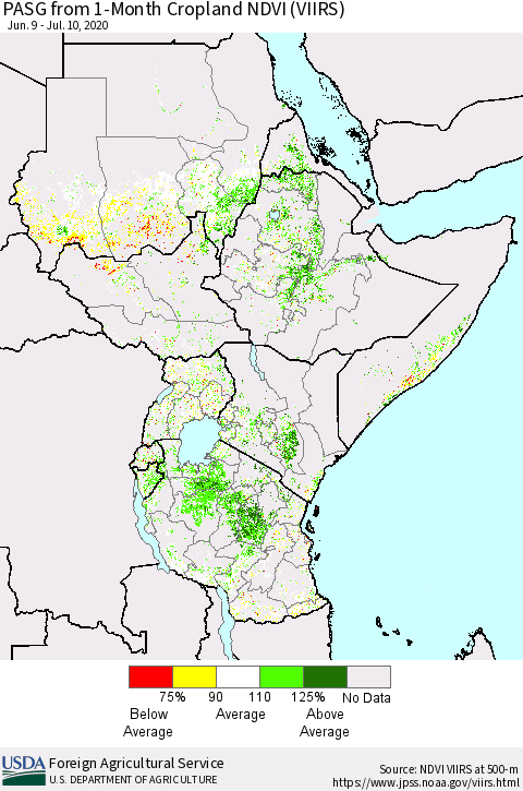 Eastern Africa PASG from 1-Month Cropland NDVI (VIIRS) Thematic Map For 7/1/2020 - 7/10/2020