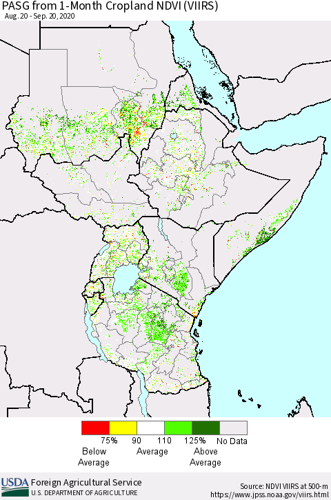 Eastern Africa PASG from 1-Month Cropland NDVI (VIIRS) Thematic Map For 9/11/2020 - 9/20/2020