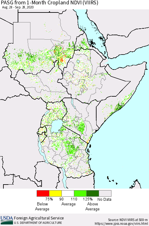 Eastern Africa PASG from 1-Month Cropland NDVI (VIIRS) Thematic Map For 9/21/2020 - 9/30/2020