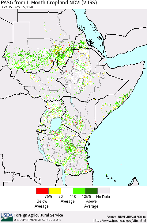 Eastern Africa PASG from 1-Month Cropland NDVI (VIIRS) Thematic Map For 11/11/2020 - 11/20/2020