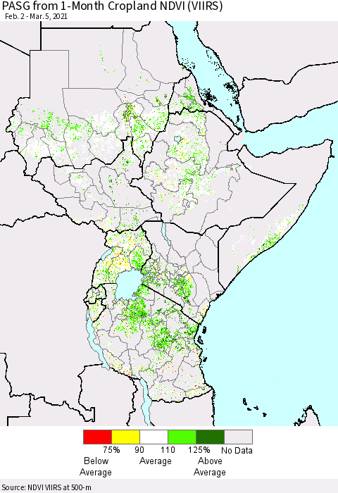 Eastern Africa PASG from 1-Month Cropland NDVI (VIIRS) Thematic Map For 2/26/2021 - 3/5/2021