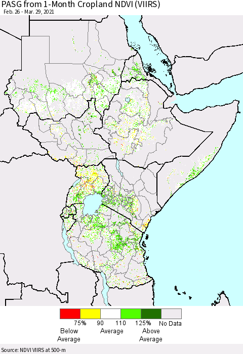 Eastern Africa PASG from 1-Month Cropland NDVI (VIIRS) Thematic Map For 3/22/2021 - 3/29/2021