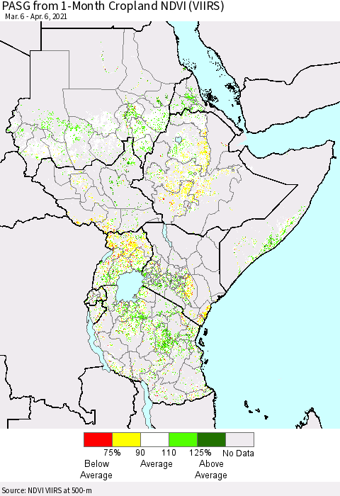 Eastern Africa PASG from 1-Month Cropland NDVI (VIIRS) Thematic Map For 3/30/2021 - 4/6/2021