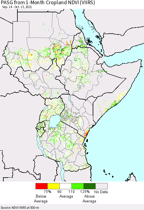 Eastern Africa PASG from 1-Month Cropland NDVI (VIIRS) Thematic Map For 10/8/2021 - 10/15/2021