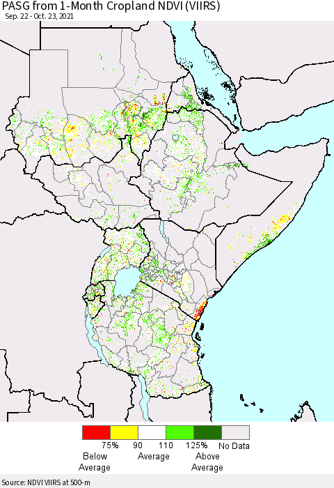 Eastern Africa PASG from 1-Month Cropland NDVI (VIIRS) Thematic Map For 10/16/2021 - 10/23/2021