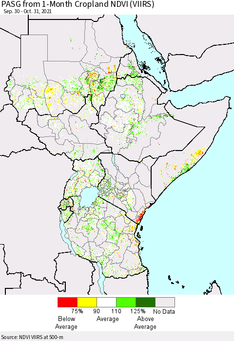 Eastern Africa PASG from 1-Month Cropland NDVI (VIIRS) Thematic Map For 10/24/2021 - 10/31/2021