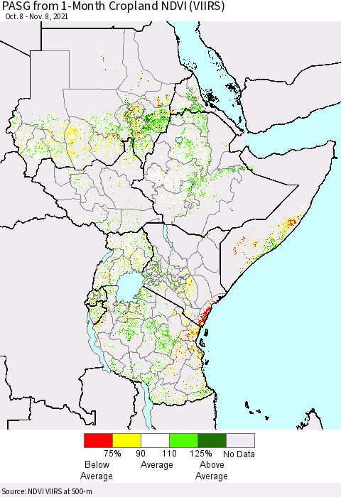Eastern Africa PASG from 1-Month Cropland NDVI (VIIRS) Thematic Map For 11/1/2021 - 11/8/2021
