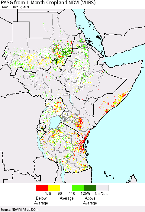 Eastern Africa PASG from 1-Month Cropland NDVI (VIIRS) Thematic Map For 11/25/2021 - 12/2/2021