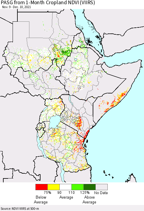 Eastern Africa PASG from 1-Month Cropland NDVI (VIIRS) Thematic Map For 12/3/2021 - 12/10/2021
