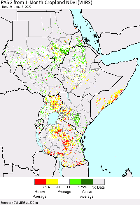 Eastern Africa PASG from 1-Month Cropland NDVI (VIIRS) Thematic Map For 1/9/2022 - 1/16/2022