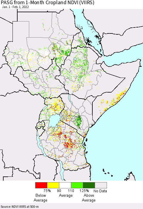 Eastern Africa PASG from 1-Month Cropland NDVI (VIIRS) Thematic Map For 1/25/2022 - 2/1/2022