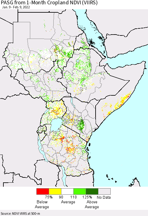 Eastern Africa PASG from 1-Month Cropland NDVI (VIIRS) Thematic Map For 2/2/2022 - 2/9/2022