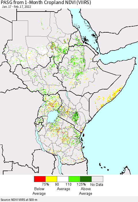 Eastern Africa PASG from 1-Month Cropland NDVI (VIIRS) Thematic Map For 2/10/2022 - 2/17/2022