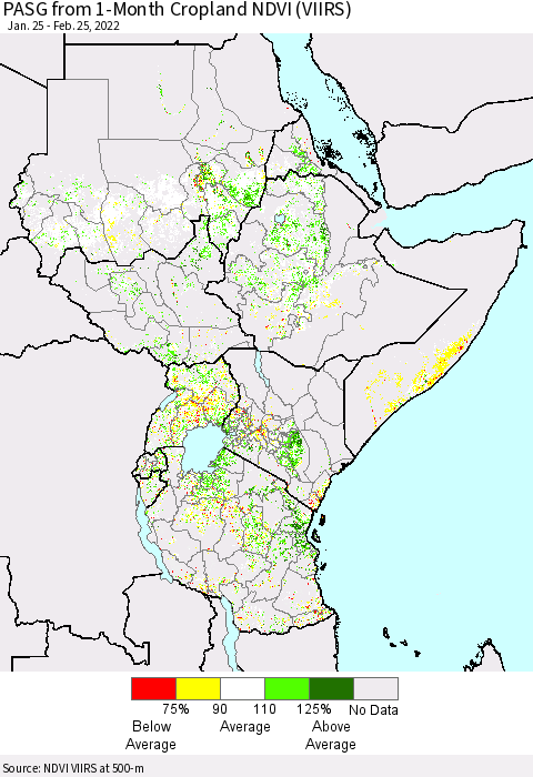 Eastern Africa PASG from 1-Month Cropland NDVI (VIIRS) Thematic Map For 2/18/2022 - 2/25/2022