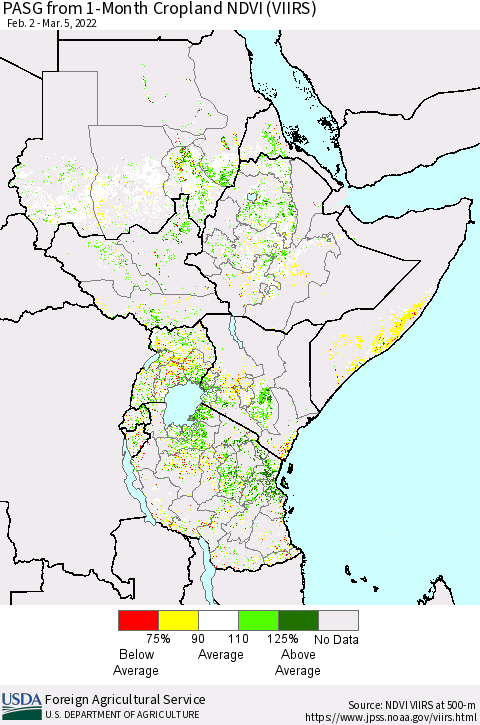 Eastern Africa PASG from 1-Month Cropland NDVI (VIIRS) Thematic Map For 3/1/2022 - 3/10/2022