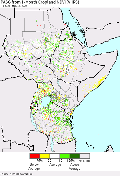 Eastern Africa PASG from 1-Month Cropland NDVI (VIIRS) Thematic Map For 3/6/2022 - 3/13/2022