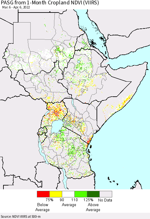 Eastern Africa PASG from 1-Month Cropland NDVI (VIIRS) Thematic Map For 3/30/2022 - 4/6/2022