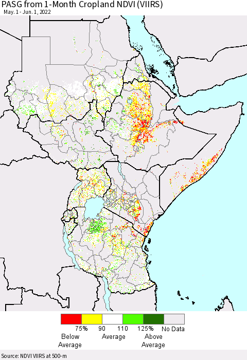 Eastern Africa PASG from 1-Month Cropland NDVI (VIIRS) Thematic Map For 5/25/2022 - 6/1/2022