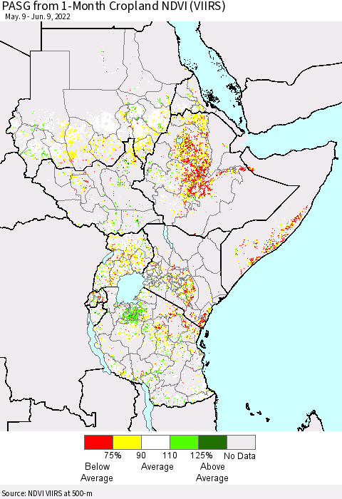 Eastern Africa PASG from 1-Month Cropland NDVI (VIIRS) Thematic Map For 6/2/2022 - 6/9/2022