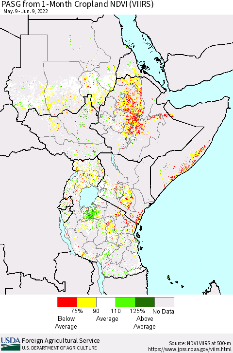 Eastern Africa PASG from 1-Month Cropland NDVI (VIIRS) Thematic Map For 6/1/2022 - 6/10/2022