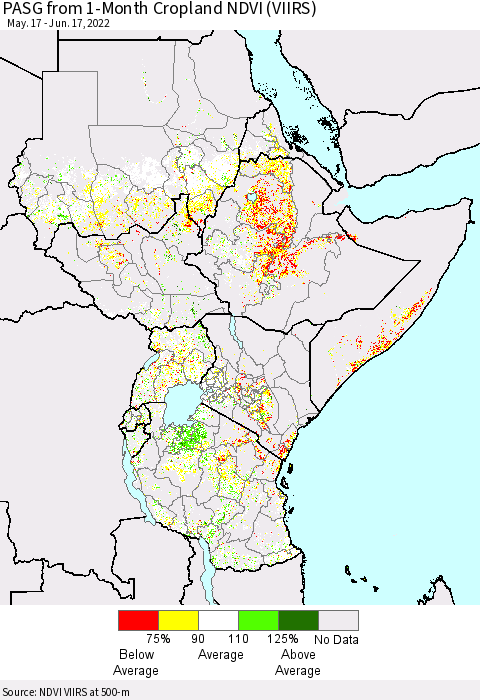 Eastern Africa PASG from 1-Month Cropland NDVI (VIIRS) Thematic Map For 6/10/2022 - 6/17/2022