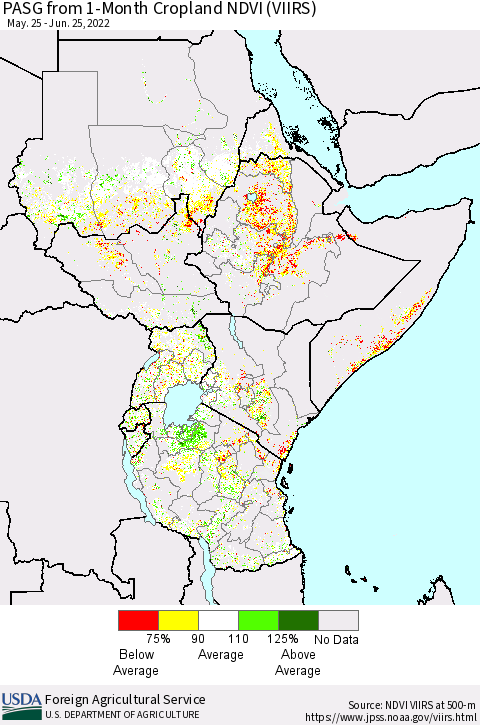 Eastern Africa PASG from 1-Month Cropland NDVI (VIIRS) Thematic Map For 6/21/2022 - 6/30/2022