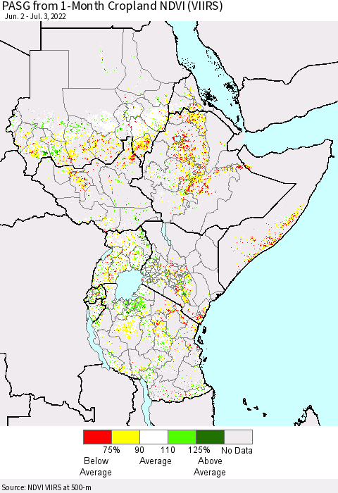 Eastern Africa PASG from 1-Month Cropland NDVI (VIIRS) Thematic Map For 6/26/2022 - 7/3/2022