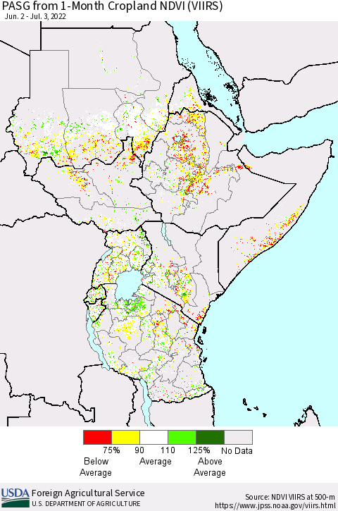 Eastern Africa PASG from 1-Month Cropland NDVI (VIIRS) Thematic Map For 7/1/2022 - 7/10/2022