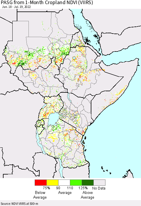 Eastern Africa PASG from 1-Month Cropland NDVI (VIIRS) Thematic Map For 7/12/2022 - 7/19/2022