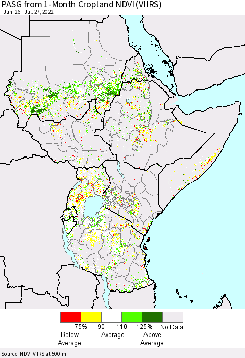 Eastern Africa PASG from 1-Month Cropland NDVI (VIIRS) Thematic Map For 7/20/2022 - 7/27/2022