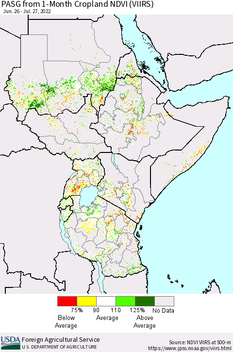 Eastern Africa PASG from 1-Month Cropland NDVI (VIIRS) Thematic Map For 7/21/2022 - 7/31/2022