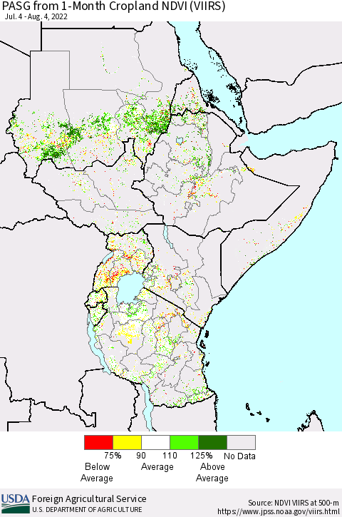 Eastern Africa PASG from 1-Month Cropland NDVI (VIIRS) Thematic Map For 8/1/2022 - 8/10/2022