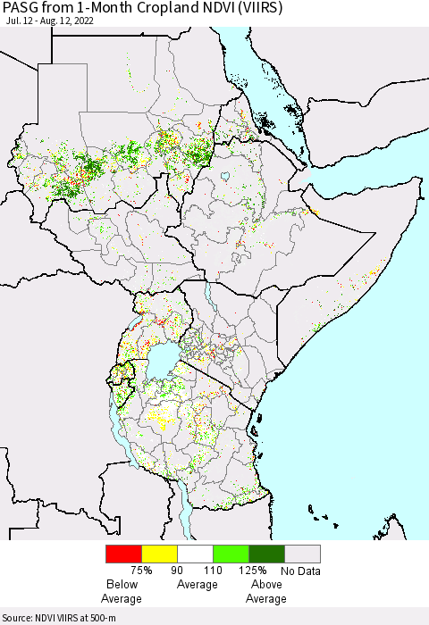 Eastern Africa PASG from 1-Month Cropland NDVI (VIIRS) Thematic Map For 8/5/2022 - 8/12/2022