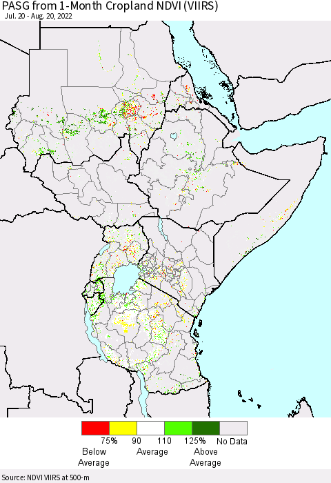 Eastern Africa PASG from 1-Month Cropland NDVI (VIIRS) Thematic Map For 8/13/2022 - 8/20/2022
