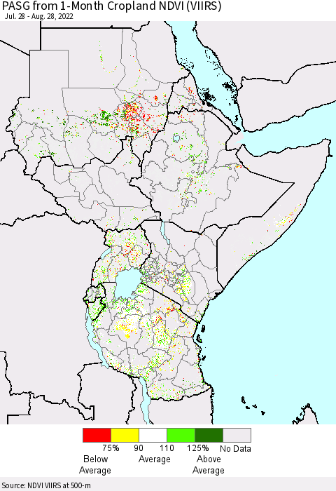 Eastern Africa PASG from 1-Month Cropland NDVI (VIIRS) Thematic Map For 8/21/2022 - 8/28/2022
