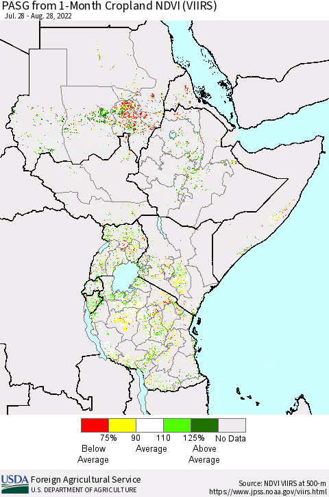 Eastern Africa PASG from 1-Month Cropland NDVI (VIIRS) Thematic Map For 8/21/2022 - 8/31/2022