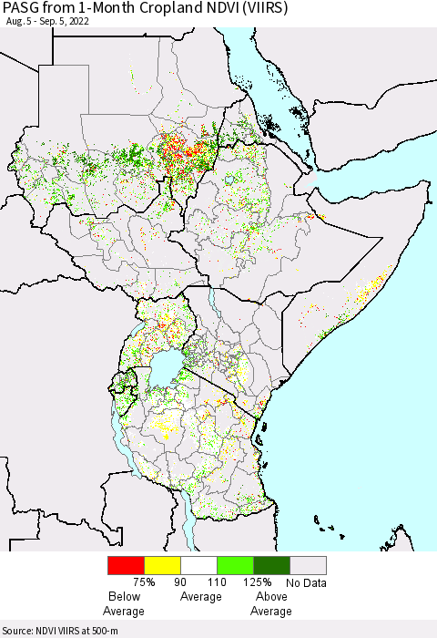 Eastern Africa PASG from 1-Month Cropland NDVI (VIIRS) Thematic Map For 8/29/2022 - 9/5/2022